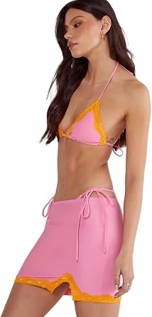 Nasty Gal Contrast Lace Triangle Bikini and Skirt 3pc Set