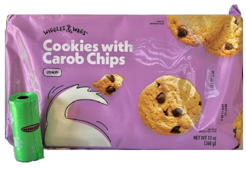 Wiggles & Wags Cookies with Carob Chips Crunchy Dog Treats. Plus Biggs Dog Waste Roll. One Thirteen Ounce Bag.