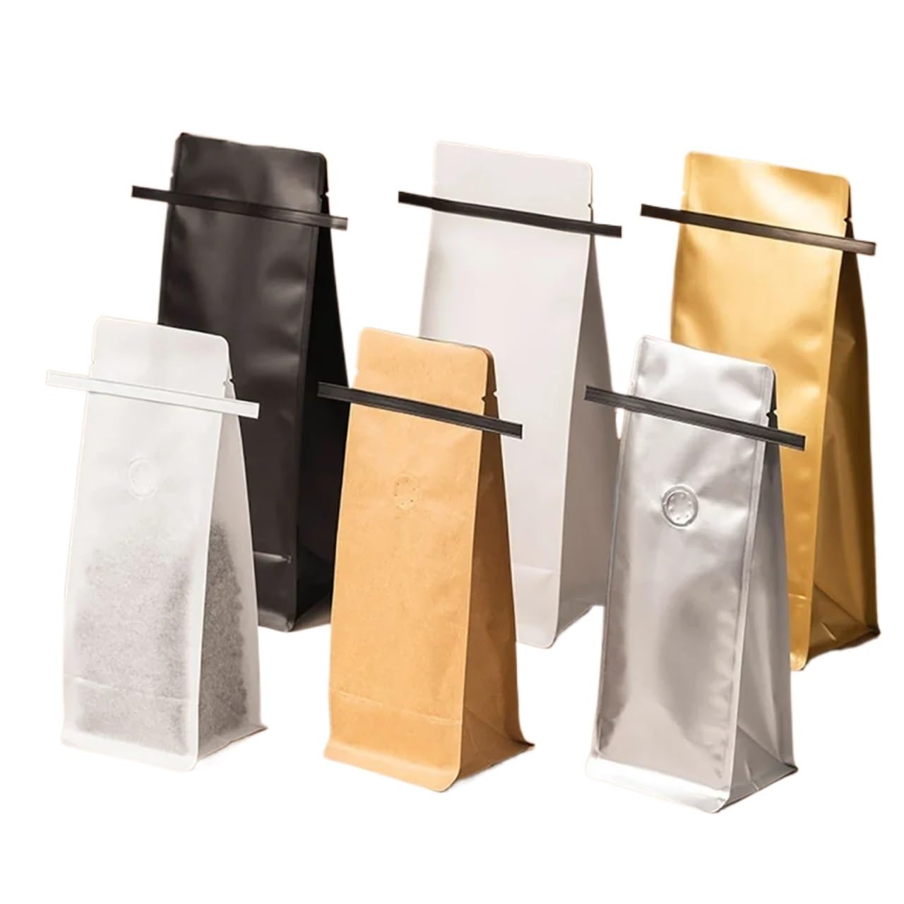Coffee Bags With Valve 50pcs Resealable Tin Tie Coffee Bean Powder Tea Food Bags Aluminum Foil Cotton Paper Kraft Bag With Valve(Silver,500g with valve)