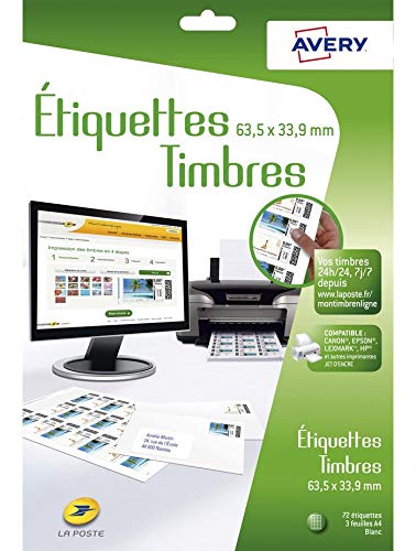 AVERY Lot de 5 étuis 72 étiquettes adhésives blanches spécifiques pour créer ses timbres. 63,5x33,9mm