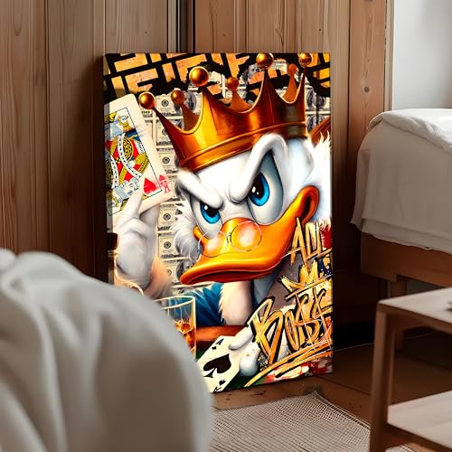 Image of Luxury Pop Art Duck King Canvas Wall Art Painting For Living Room Casino Royal Graffiti Art Painting Modern Money, Poker & Crown Theme Wall Decor, 56x86 cm