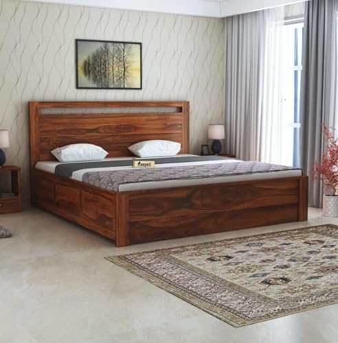 Image of Ganpati Arts Solid Sheesham Wood Jaipur Queen Size Bed with Box Storage | Wooden Double Bed Cot Palang Furniture for Bedroom Living Room Home and Hotel (Natural Finish) 1 Year Warranty