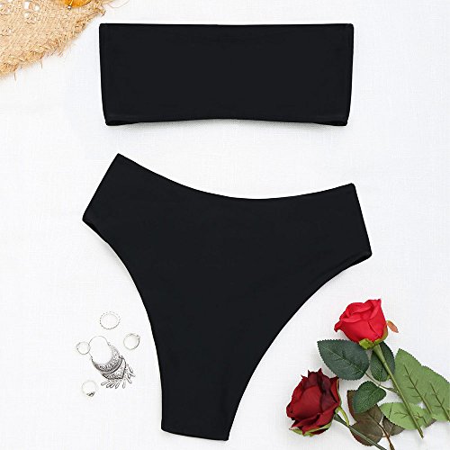 Zaful Women's High Cut Bandeau Bikini Set Strapless Solid Color 2 Pieces Bathing Suit Swimsuit (0-Black,S) #TOP3