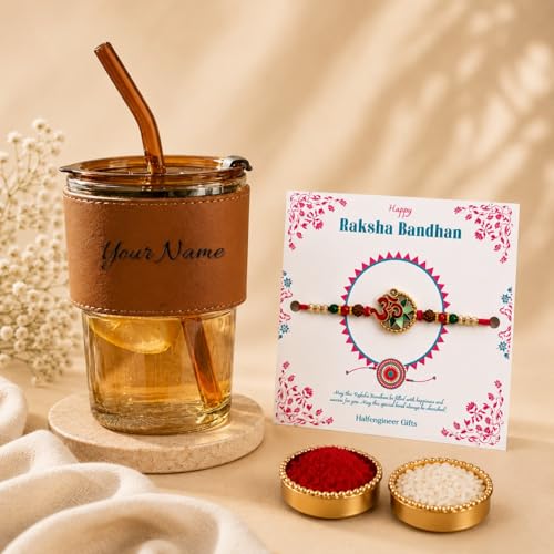 Image of Personalized Name Glass Tumbler with Designer Om Rakhi Gift Set for Raksha Bandhan | Custom Engraved Sipper Cup with Designer Rakhi, Roli Chawal Gift for Brother