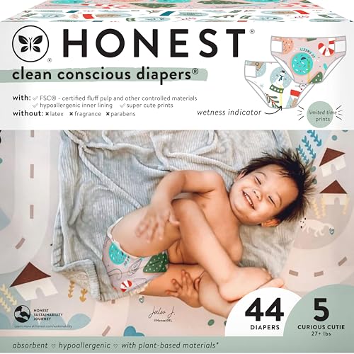 Image of The Honest Company Clean Conscious Diapers | Plant-Based, Sustainable | Winter '24 Limited Edition Prints | Club Box, Size 5 (27+ lbs), 44 Count
