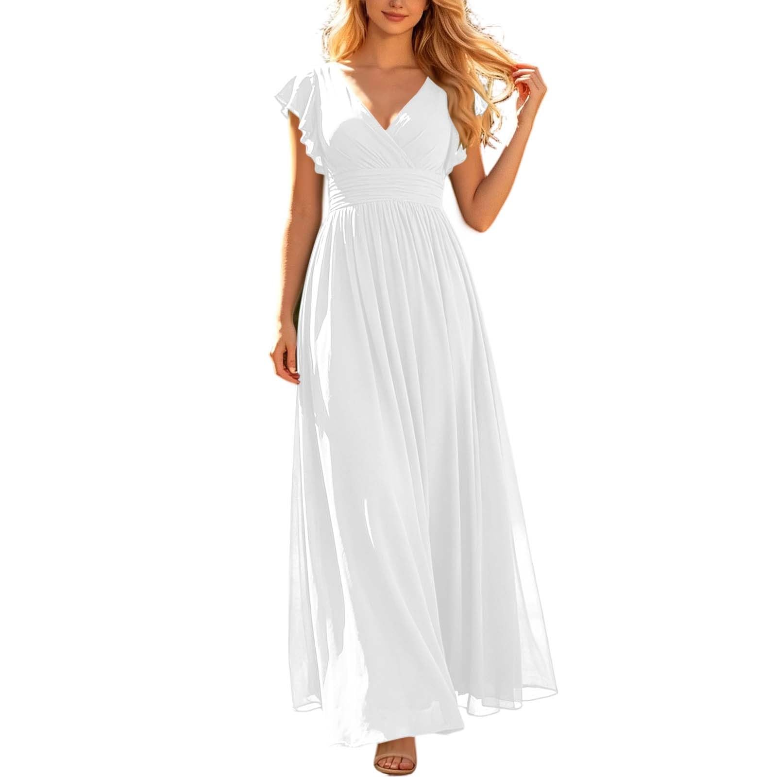 Damen Kleider Elegant Festlich - Langes Abendkleid Chiffon mit V-Ausschnitt für Hochzeitsgäste Elegante Brautjungfernkleider in A-Linie mit Rüschenärmeln Rückenausschnitt formelle Ballkleider