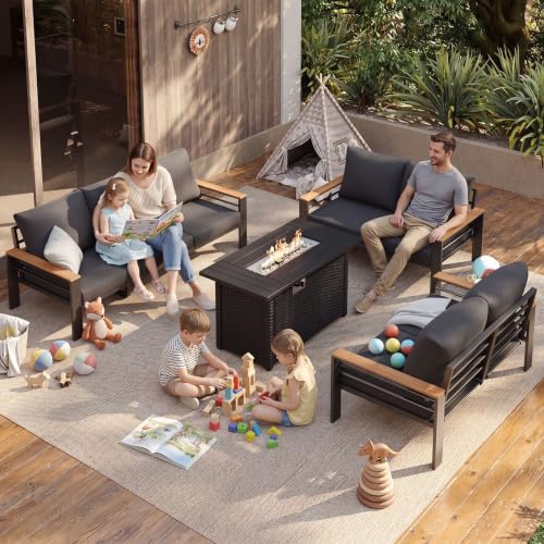 Image of Aoxun Patio Furniture Set, Aluminum Patio Set with Fire Pit Table and 5 inch Thicken & Washable Cushion, Waterproof Outdoor Furniture, Outdoor Couch Sectional for Backyard (LS-7 Seats /F, Dark Grey)