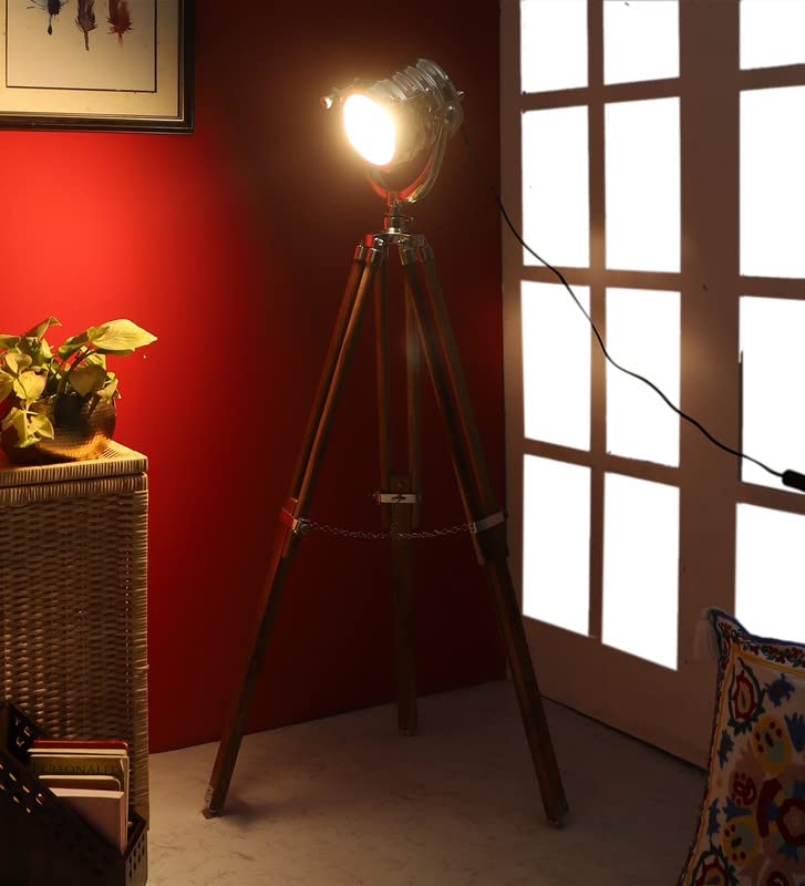 Image of PRISTINE INTERIORS Brown Fabric Shade Tripod Floor Lamp with Black Base Silver Metal Shade Tripod Floor Lamp with Beige Base (Issac Nickle)