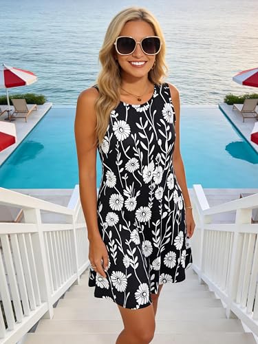 Image of Summer Dresses for Women 2026 Casual Sundresses Beach Cover Ups Sleeveless Tshirt Swing Dress with Pockets