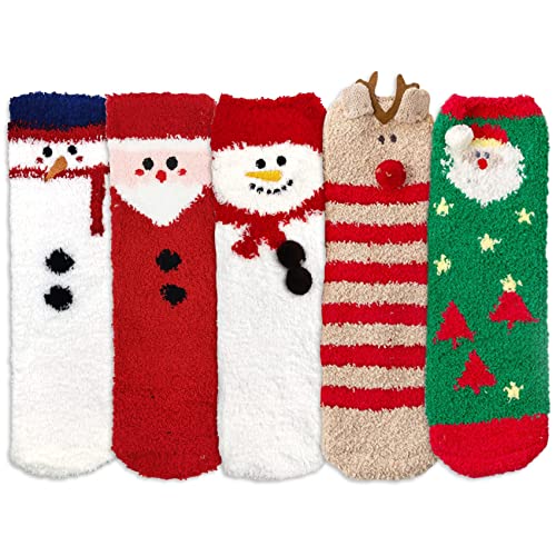 MISS FANTASY Christmas Fuzzy Socks Women, 5 Pairs Colorful Warm Fluffy Christmas Socks Adults Christmas Gifts Winter Thermal Christmas Holiday Socks Warm Cozy Coral Fleece Xmas Socks for Winter Indoor2