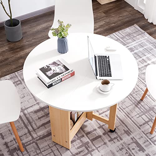 Kasshom Round Drop-Leaf Folding Dining Table, Multifunctional Convertible Dining Room Table For Kitchen/Farmhouse/Living Room, Space Saving Extendable Table With Storage Box And Wheels, White #TOP3