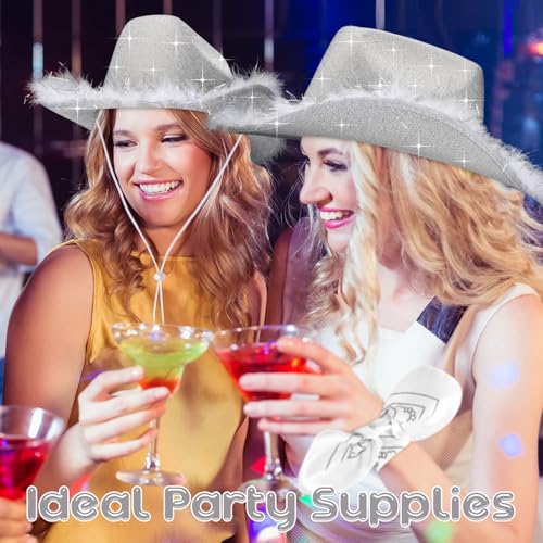 Image of Coume 12 Pcs Sparkly Adults Cowboy Hat and Bandanas Women Men Western Glitter Cowgirl Party Hats with Adjustable Drawstring