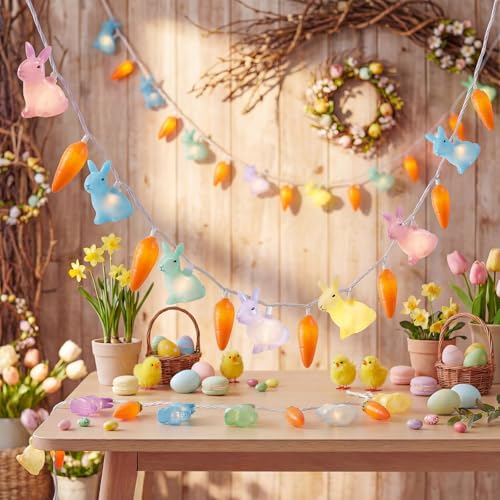 Easter Bunny Carrot String Lights, 8.5Ft Plug in Fairy Lights with 10 LED Rabbit and Carrot Lights, Cute Spring Decor fo - Detailed View
