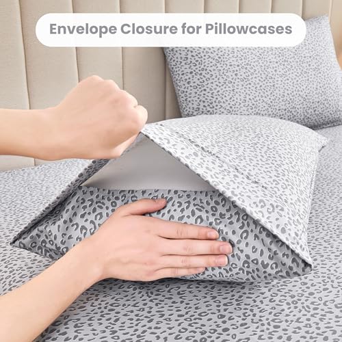 Image of Mooreeke Leopard Cheetah Printed Twin Bed Sheets, Soft Microfiber Bedding Sheets & Pillowcases, Deep Pocket Non-Slip Fitted Twin Sheet, Silver Grey Animal Pattern Bedsheets