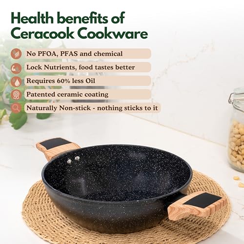 Image of Kreme Ceracook Ceramic Coated Granite Kadai 3.2L /26cm with Glass Lid, Deep Frying Kadhai, ISI Certified, Forged Aluminium, Gas & Induction Use, Non Toxic PFAS & PTFE Free, 1 Yr Warranty, Black
