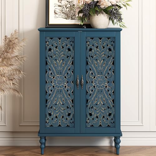 HOLTICO Aparador vintage con puertas talladas a mano, armario alto con espacio de almacenamiento, 3 compartimentos, armario de almacenamiento para salón, pasillo, comedor, color azul