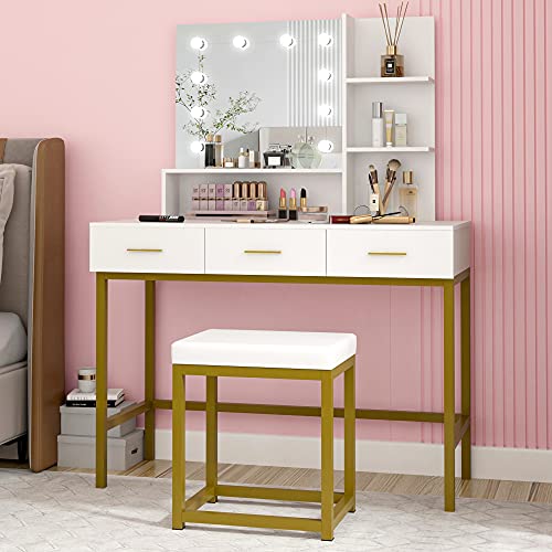 POVISON Vanity Desk, Vanity Table Set with Lighted Mirror, 10 Light Bulbs, Makeup Vanity Dressing Table with Stool, Adjustable Lighting Brightness, 3 Drawers and 2 Shelves for Women Girls, White