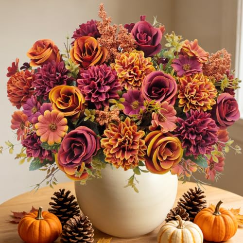 YILIUFA 3 Bundles Artificial Fall Flowers Fake Mums Silk Chrysanthemum Rose Daisy Bouquet Faux Fall Floral Arrangements for Home Kitchen Table Centerpieces Wedding Autumn Party Decor
