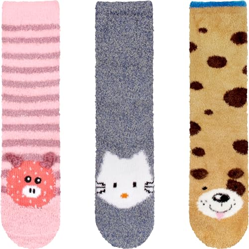 Image of BambooMN Super Soft Warm Cute Animal Face Non-Slip Fuzzy Crew Winter Home Socks, Value Pack