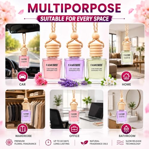 Image of 10 ML Premium Rose Lavender & Jasmine Pack of 3 Car Perfume Hanging Pod /Car Air Freshener /Car Perfume Luxury Natural Fragrance Oils in Glass Bottle with Wooden Diffuser Lid /Last Upto 60 Days