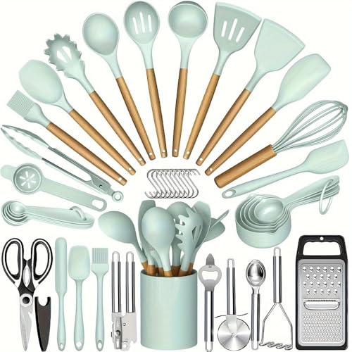 MORLU 調理器具 セットシリコン製 キッチンツールセット 一人暮らし 台所用品 新居祝い 耐熱 耐久性ハンドル 和洋中料理に適用 抗菌 傷つかない フライ返しスパチュラセット - 最高のキッチンツール、便利な鍋やフライパンアクセサリー (グリーン)