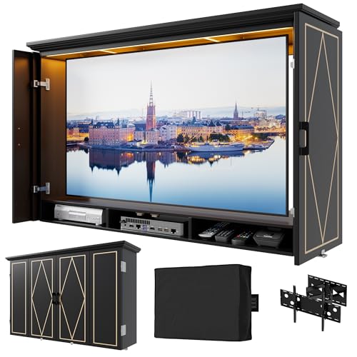 Image of PAKASEPT Outdoor TV Enclosure, 55-Inch Solid Wood Weatherproof TV Cover with Premium Dual-Arm Mount & Led Light & Folding Door for Maximum 58 Inch Television