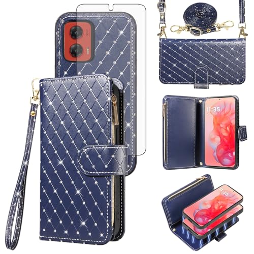 Compatible with Motorola Moto G Stylus 5G 2024 Wallet Case Zipper Detachable Cell and Tempered Glass Screen Protector Crossbody Strap Glitter Flip Card Holder Phone Cover for G5 Women Dark Blue