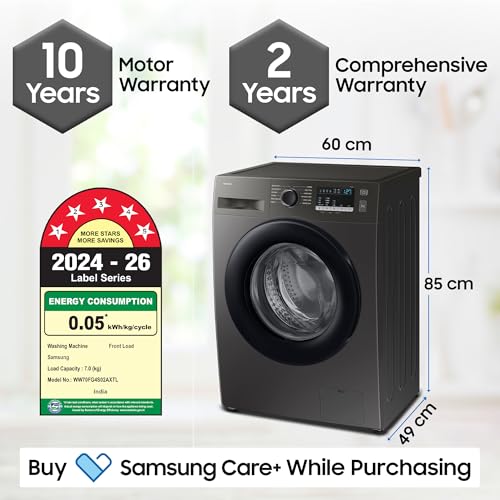 Image of Samsung 7 kg, 5 Star, Hygiene Steam, Quick Wash, Digital Inverter Motor, Fully-Automatic Front Load Washing Machine (WW70FG4S02AXTL, Inox)