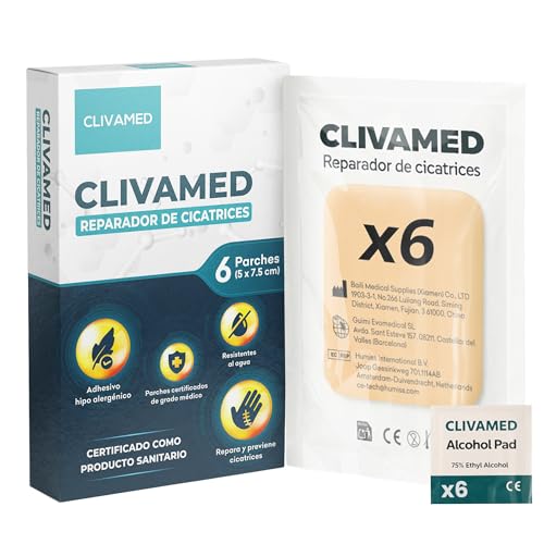 CLIVAMED Parches Cicatrizantes, PACK ECO 6 Parches + 6 Toallitas Desinfectantes, Producto con Certificación Sanitaria 2025, Previene y Reduce Cicatrices, 7,5x5cm