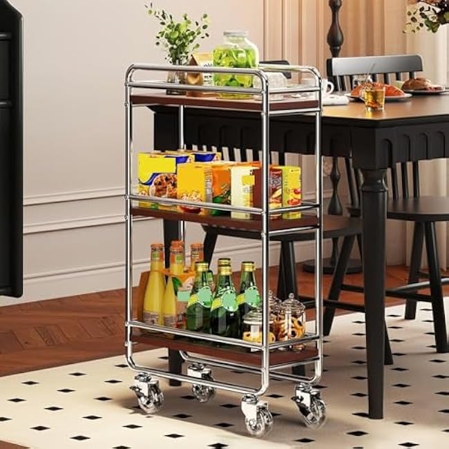 3 Tiers Storage Cart with Metal Frame Mobile Storage Shelf Kitchen Slim Storage Rack Organizer Snack Cart Decor-xGwgPELC