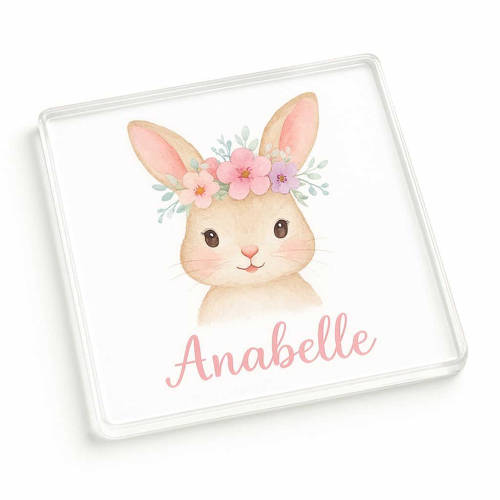 The Plum Penguin Joyful Bunny Bloom Personalised Name Acrylic Coaster Gift With Whimsical Bunny Watercolor - Joyful Children's Party Favor Or Playful Nursery Decor