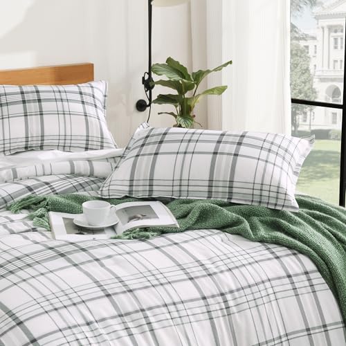 Image of Andency Green White Plaid Comforter Set Full(79x90Inch), 3 Pieces Preppy Grid Gingham Stripes Bedding Comforter Sets for Boys Girls Kids Teens, Green Line Soft Lightweight Geometric Reversible Bed Set