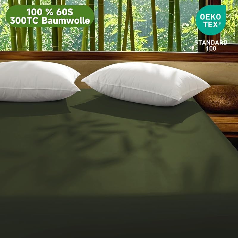 Gezu Baumwollesatin Spannbettlaken 180x200cm Mako Satin Grün Olivgrün | Weich Hypoallergen Thermoregulierend Spannbetttuch Bettlaken 180x200cm Spannbettlaken Baumwolle Sommer für bis 30cm Matraze