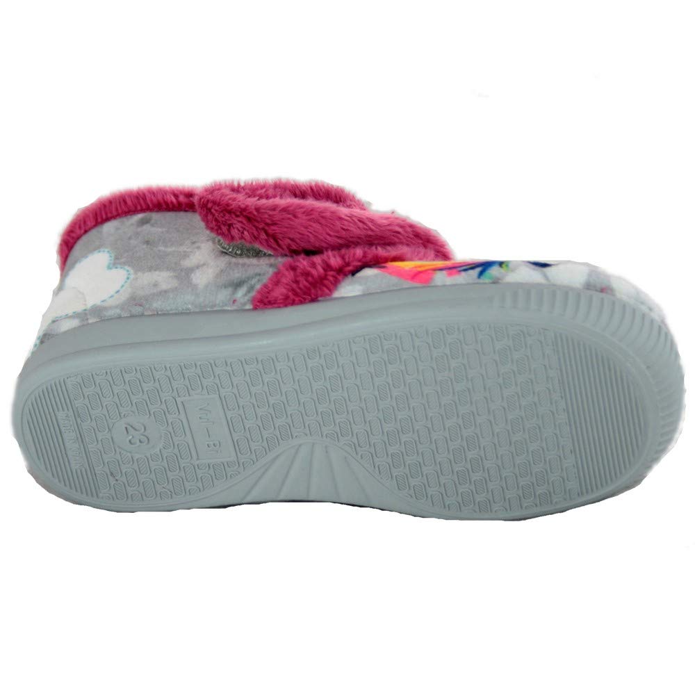 Vulcabicha 1090 - Zapatillas de Estar Infantiles Cerradas con Adhesivo Textil Grises con Dibujo de Unicornio y Purpurina