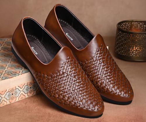 Image of LOUIS STITCH Men's Ethnic Weaved Textured Slip On Mojari's | Stylish Nagra Juti for Men | Lightweight and Comfortable Stylish Juti's and Mojari's for Kurta Pajama | LSAXNGWE