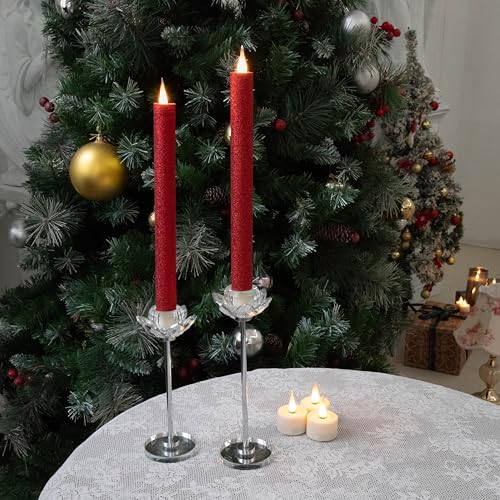 Image of Flameless Taper Candles Flickering with Remote and Timer, 3D Moving Flame Taper Candle Battery Operated to 400 Hours, 9 Inch Window Candles, (Glittter Red)
