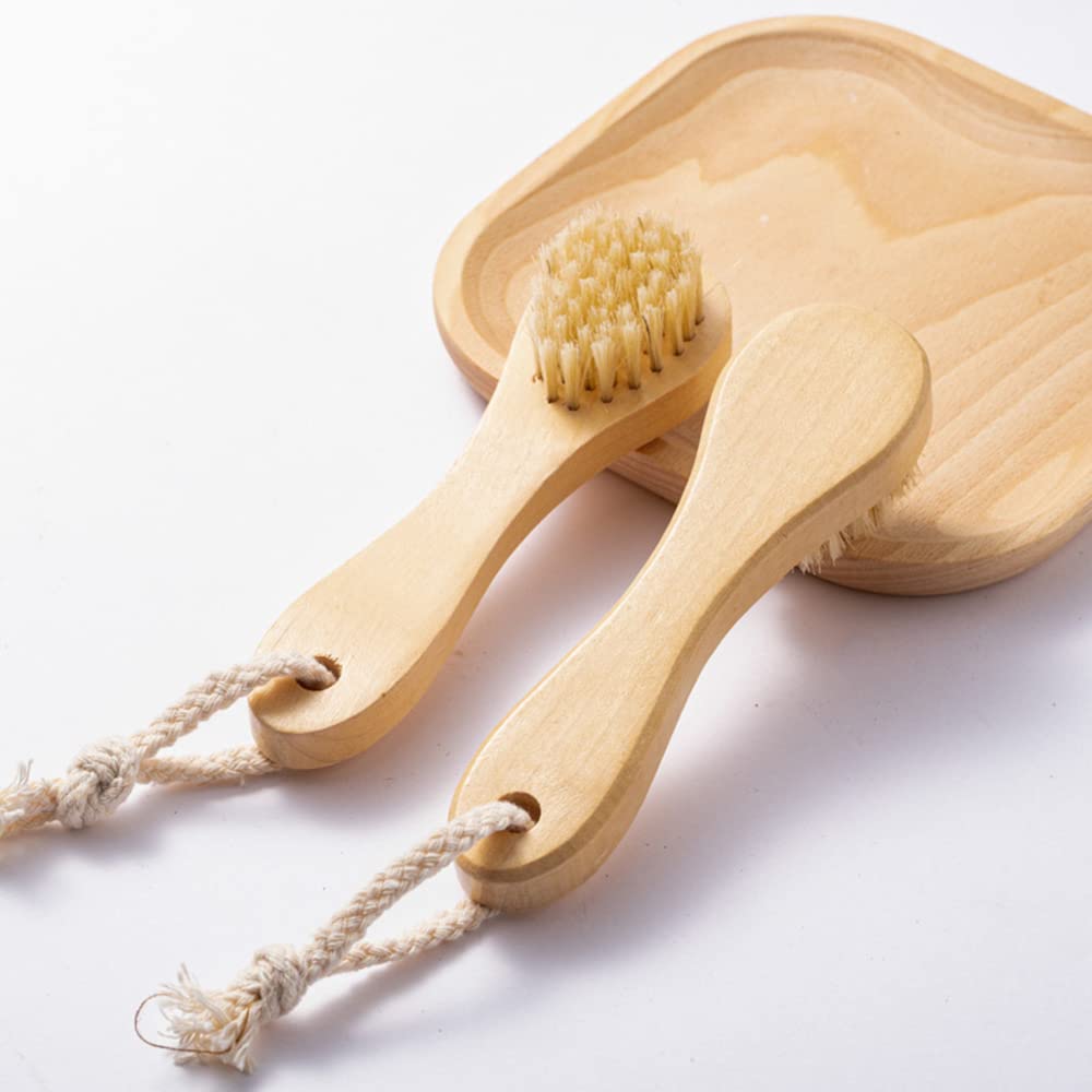 Manuelle Gesichtsreinigungsbürste mit Holzgriff, 14,5 cm, natürliche Wildschweinborsten, Hautpflege, Peelingbürste, 2 Stück