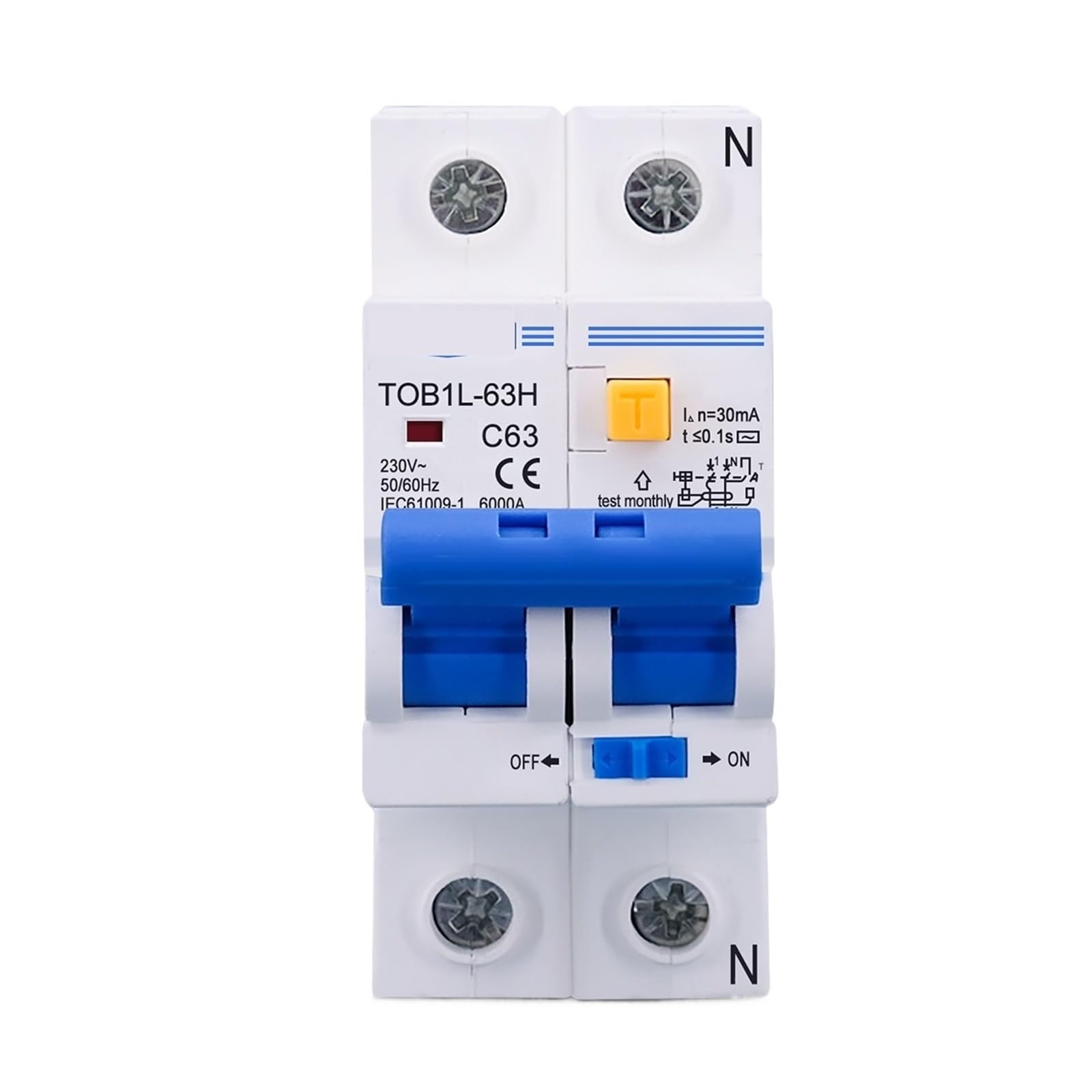 Genérico Interruptor diferencial TOB1L-63H 2P 63A 230 V CA 50 Hz/60 Hz(10A)