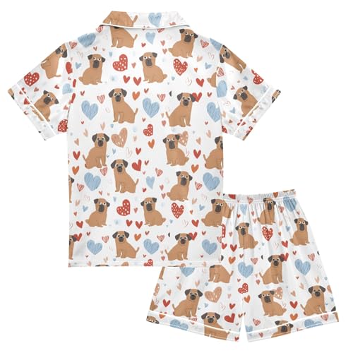 Red Love Dog Pattern Summer Satin Pajama Set, Cute Button-Down Sleepwear Pj Set for Sleep Wears2
