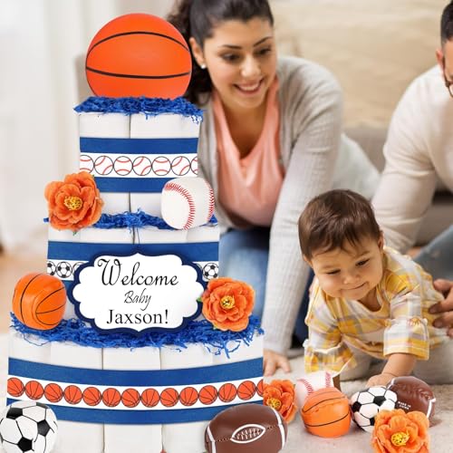23 Pcs Sports Ball Diaper Cake Kit Decoration Basketball Football Soccer Baseball Ball Cake Decorations for Sports Balls Theme Baby Shower Boys Men Birthday Party Supplies - Thumbnail 7