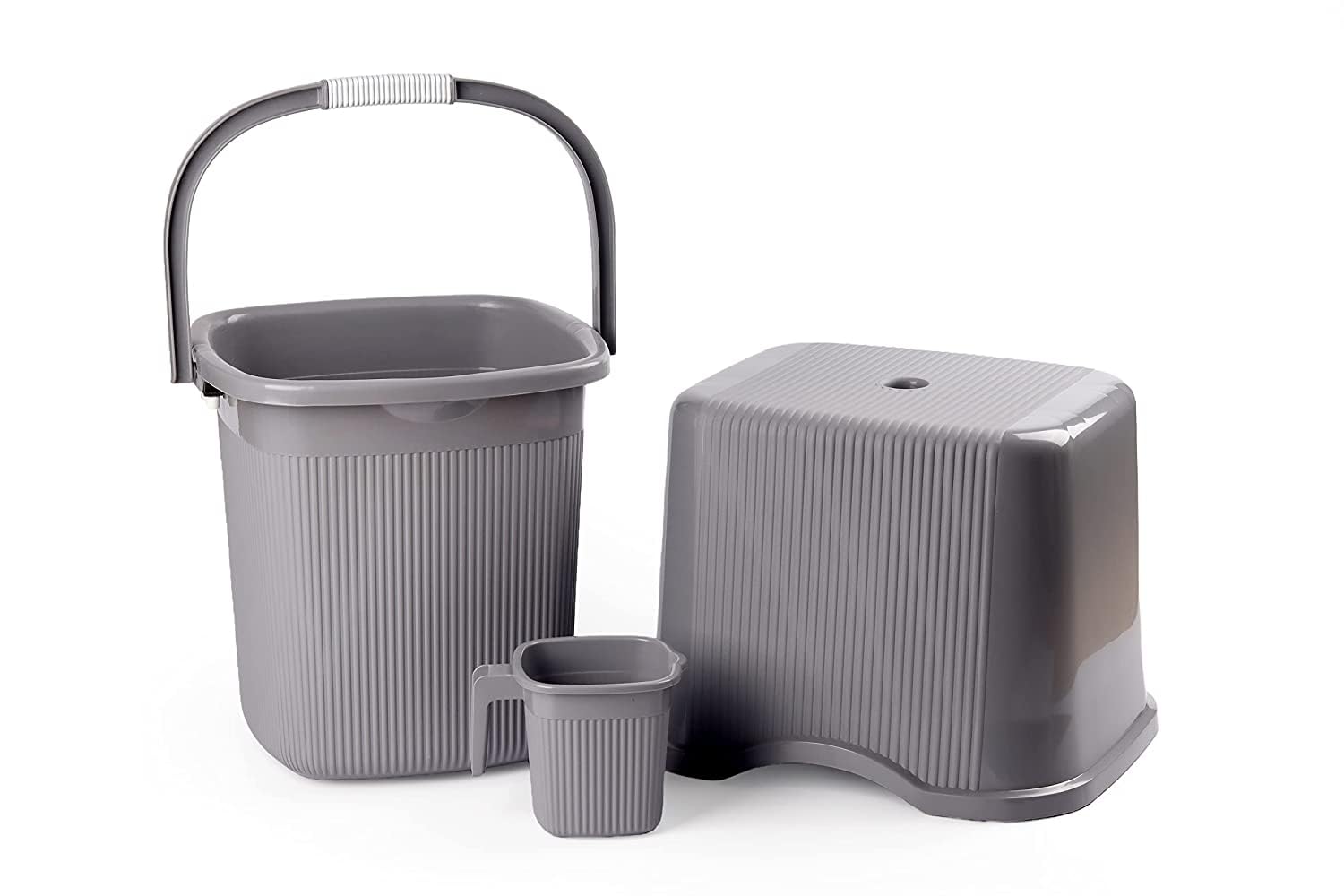 Nayasa Strong Plastic Rimmy Bucket Mug Stool Bathroom Set of 3 for Kitchen & Bathroom (SH) (Grey, 25 Liter(Big)) (B0DCKF32TS) Amazon Price History, Amazon Price Tracker