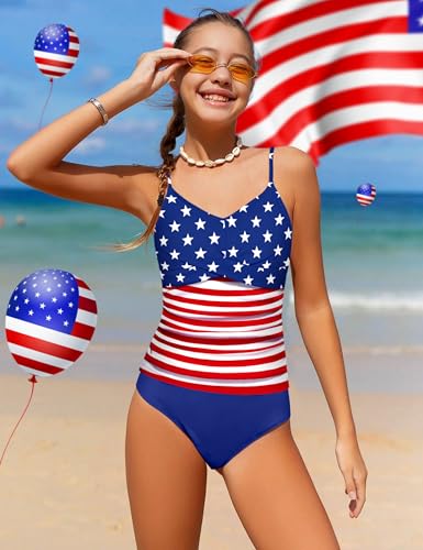 Image of Girls Swimsuit 2 Piece Bathing Suit Criss Cross Ruched Girl Tankini Sets Printed Girls' Swimwear for 9-18 Years