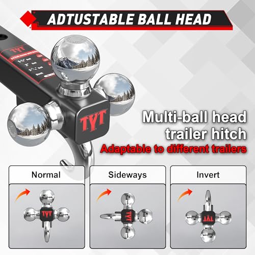 Image of TYT Trailer Hitch Tri Ball Mount with Tow Hook,Fits 2 inch Receiver,Triple Balls (1-7 /8 inch, 2 inch, 2-5 /16 inch),10,000 lbs GTW,1,000 lbs TW,with Hitch pin