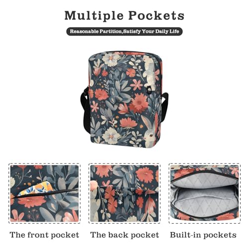 KLL Featuring A Floral Background and Cartoon Rabbit Pattern messenger bag for women Vegan Leather over the shoulder bags for men Casual Lady Shoulder Handbags2