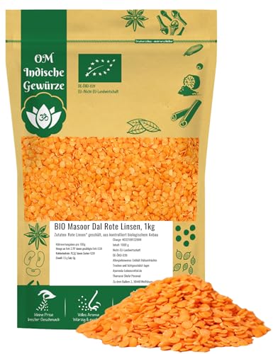 OmVeda Bio Rote Linsen 1 kg | Geschälte Getrocknete Berglinsen aus ökologischem Anbau | Mild-nussig & mehlig beim Kochen | Für Suppe, Püree, Eintopf, Aufstrich & Orientgericht | Vegan & Naturbelassen