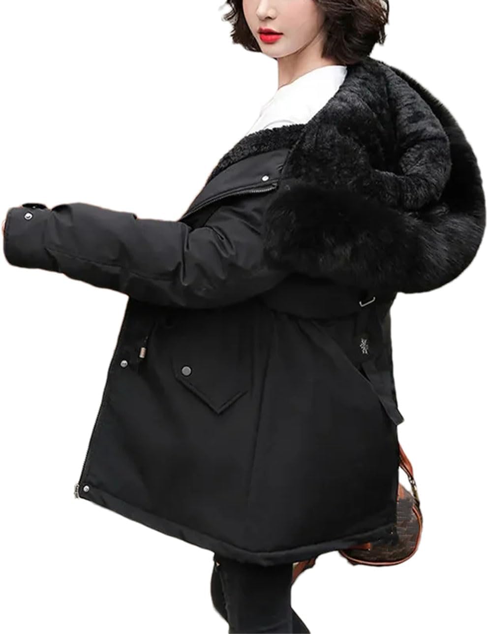 Women's Hooded Plush Collar Down Jacket Drawstring Waist Warm Mid-Long Parka Coat
