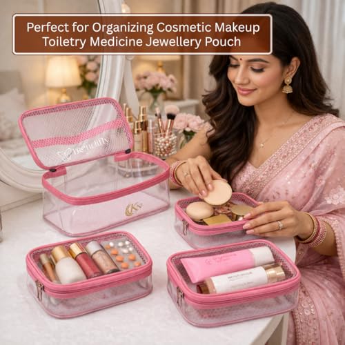 Image of Trendifly Set of 4 PVC Transparent Toiletry Travel Organizer Pouch for Women & Girls | Makeup Cosmetic Vanity Unisex Organiser Bag for Travelling | Jewellery Medicine & Shaving Kit Holder for Men