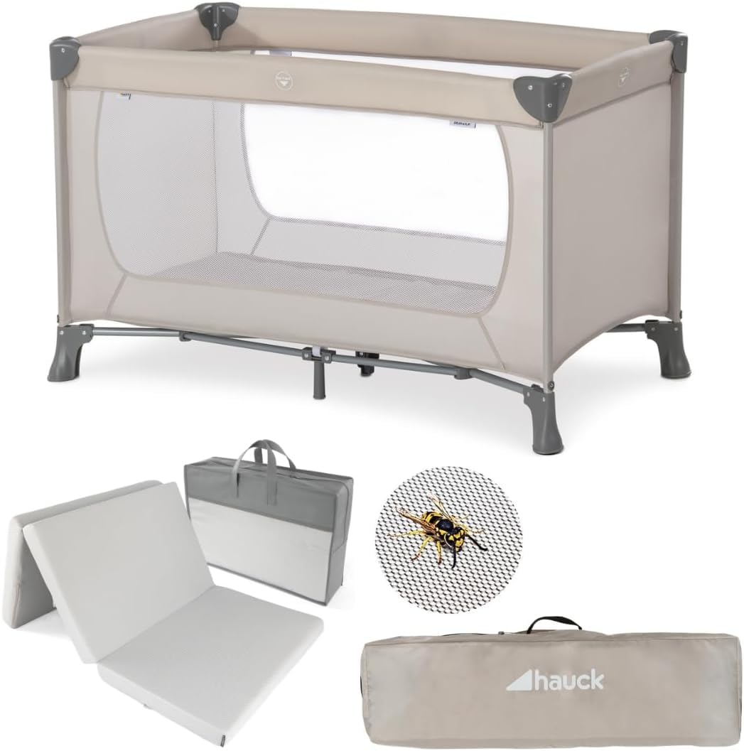 hauck Dream n Play Baby Travel Cot Set, Mattress, Mosquito Net & Bag - Beige