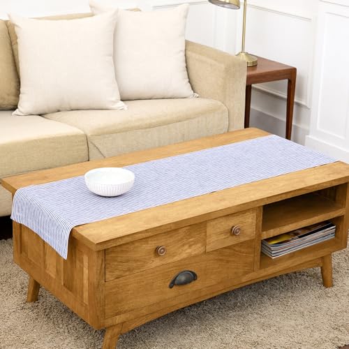 Solino Home Linen Table Runner 48 Inches - Narrow Stripe 100% Pure Linen Navy and White Table Runner 14 x 48 Inch Ideal for Dresser and Coffee Tables - Fall, Halloween, Thanksgiving, Christmas