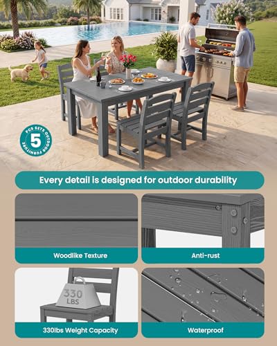 Image of SERWALL 59 inch Outdoor Dining Set for 4, w / 1 Table & 4 Armless Chairs, Gray